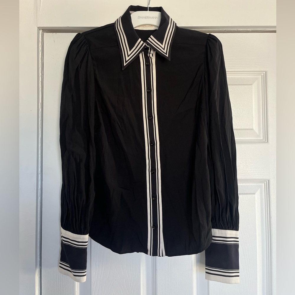 ZIMMERMANN Stretch Crepe Silk Black and White Striped Blouse Button Down Shirt